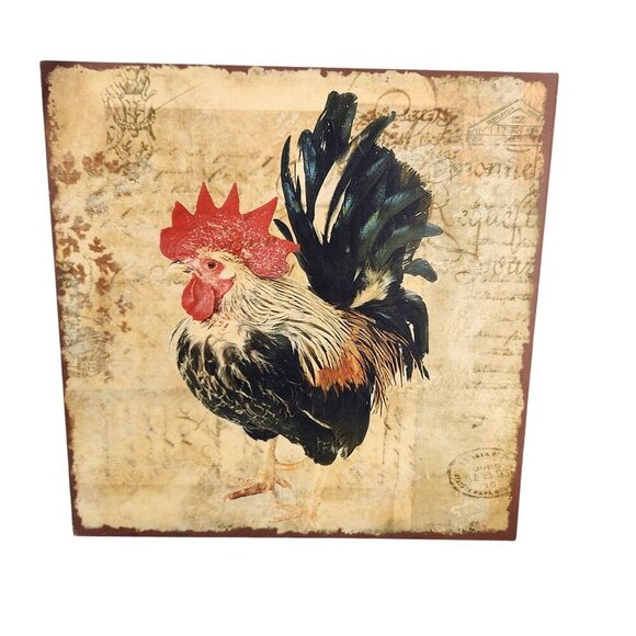Rustic Farmhouse Rooster Wall Art Set Of 2 Vintage-Inspired Decor 12" Square MDF - Picture 2 of 7